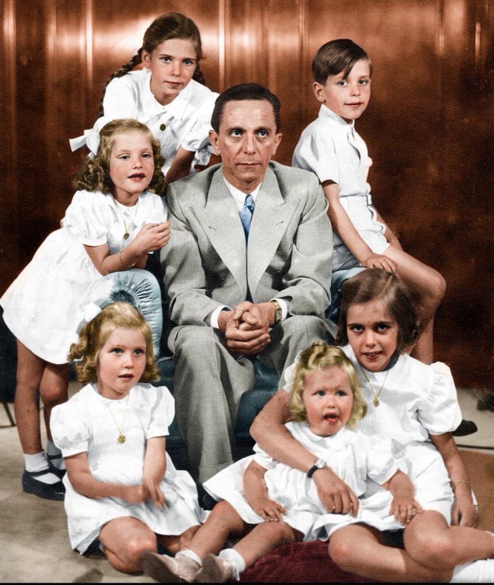 Photograph taken in 1945 shows the Nazi propaganda minster Joseph Goebbels with his six children. 

Following Hitler's suicide on April 30, Goebbels assumed the role of Chancellor of Germany, serving for only one day in this position.

The following day, Goebbels and his wife