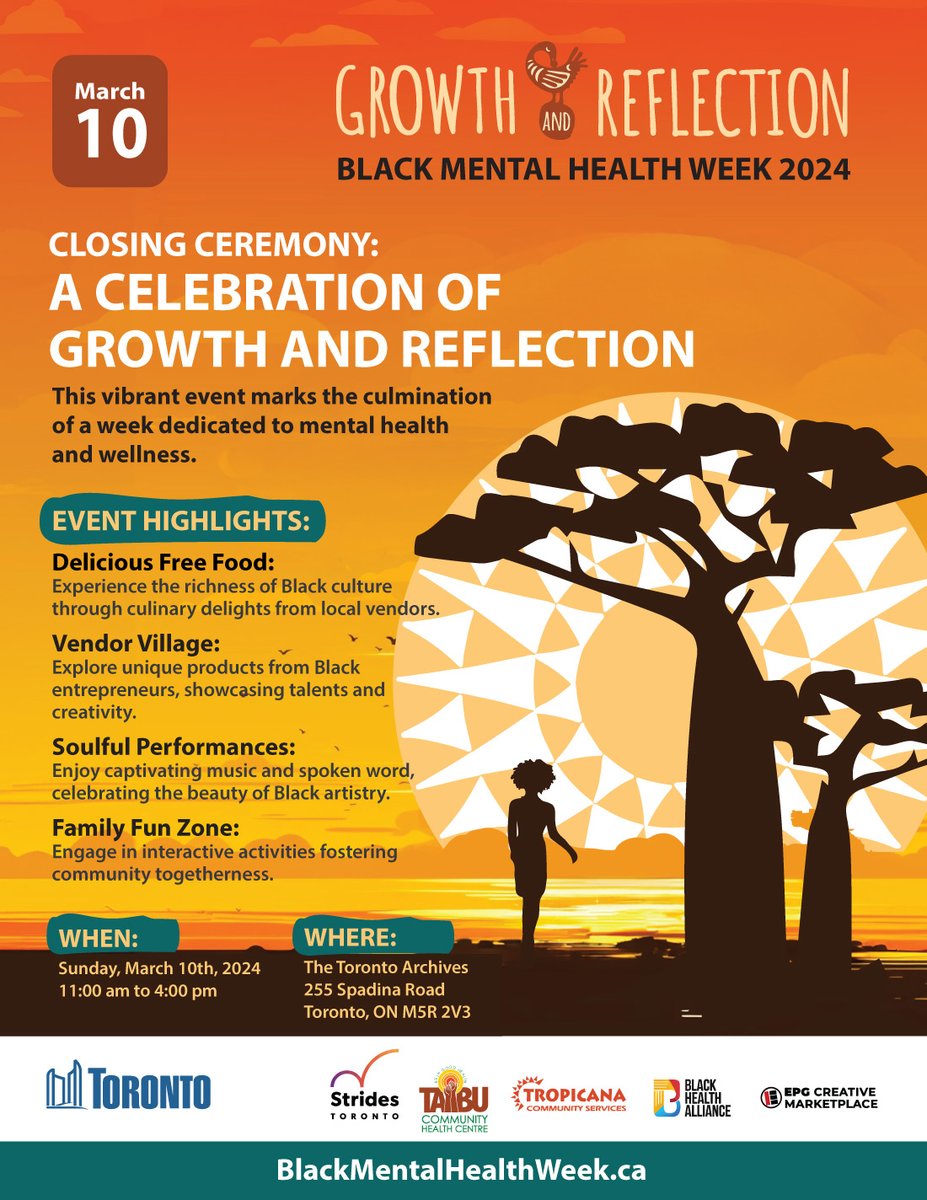 TODAY! #BlackMentalHealthWeek Closing Ceremony! Toronto Archives 11AM-4PM. A celebration of growth, reflection, and community. Indulge in delicious food, explore the Vendor Village, and enjoy soulful performances. Let's celebrate together! Register: blackmentalhealthweek.ca