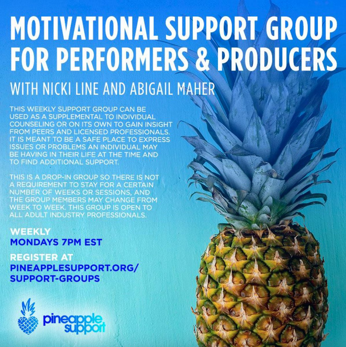 Join us tomorrow @ 7PM EST for this support group with by Nicki Line and Abigail Maher.

This group can be used as a supplemental to individual counseling or on its own to gain insight from peers and licensed professionals.

Sign Up Now: pineapplesupport.org/support-groups

#mentalhealth