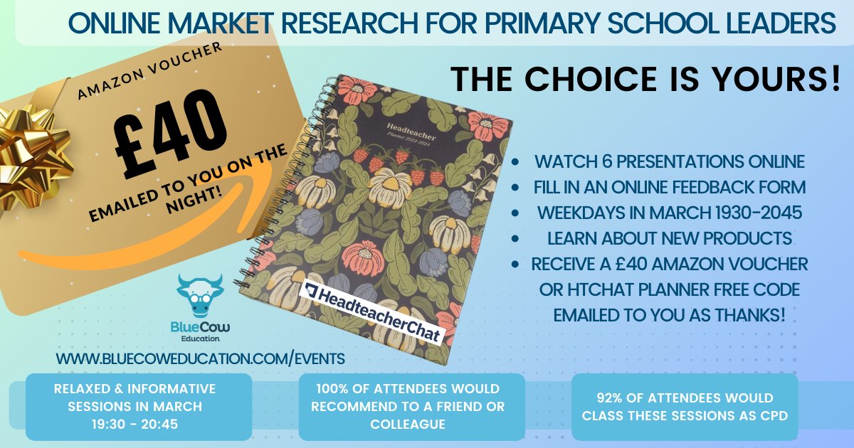 We have some new online market research dates for March and you can now choose to receive a £40 Amazon voucher or a free discount code for a @TeacherChat_uk planner ! If you've not been before, come and see what the fuss is about! Watch 5 presentations online from 1930-2045, get…