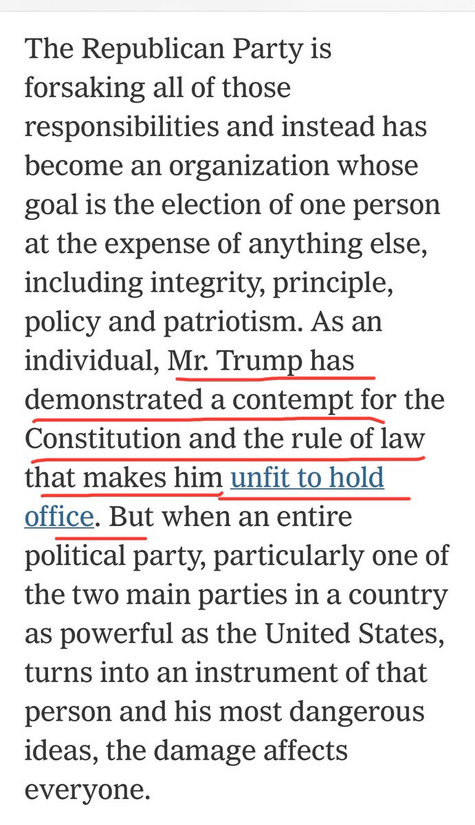 susanbordson's tweet photo. NY Times Editorial Board on the Republican Party becoming sycophantic to candidate Trump—who is "unfit for office"
"...has become an organization whose goal is the election of one person at the expense of anything else, including integrity, principle, policy and patriotism..." https://t.co/nzGm2C81sy