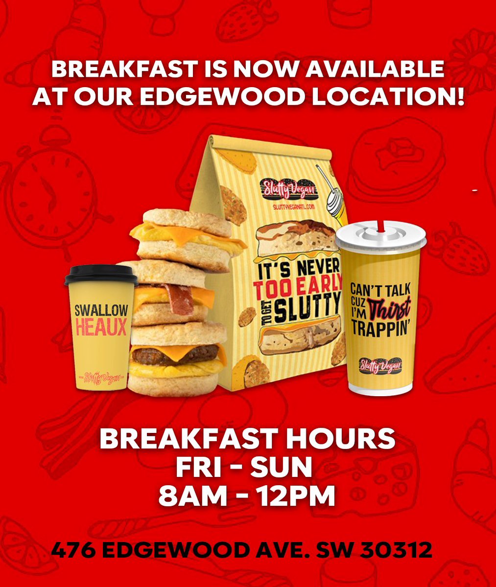 SluttyVeganATL's tweet photo. WAIT! Slutty Vegan for breakfast⁉️
👀😱
YES! ✅ BREAKFAST IS NOW AVAILABLE AT OUR EDGEWOOD LOCATION‼️‼️‼️ YOU CAN UBER EATS US TOO!!
⏰NEW BREAKFAST HOURS⏰
Fri-Sun: 8AM-12PM
📍476 Edgewood Ave SW Atlanta
#SluttyVegan #SluttyBreakfast #SluttyVeganAtl https://t.co/J2cAbOXpRZ