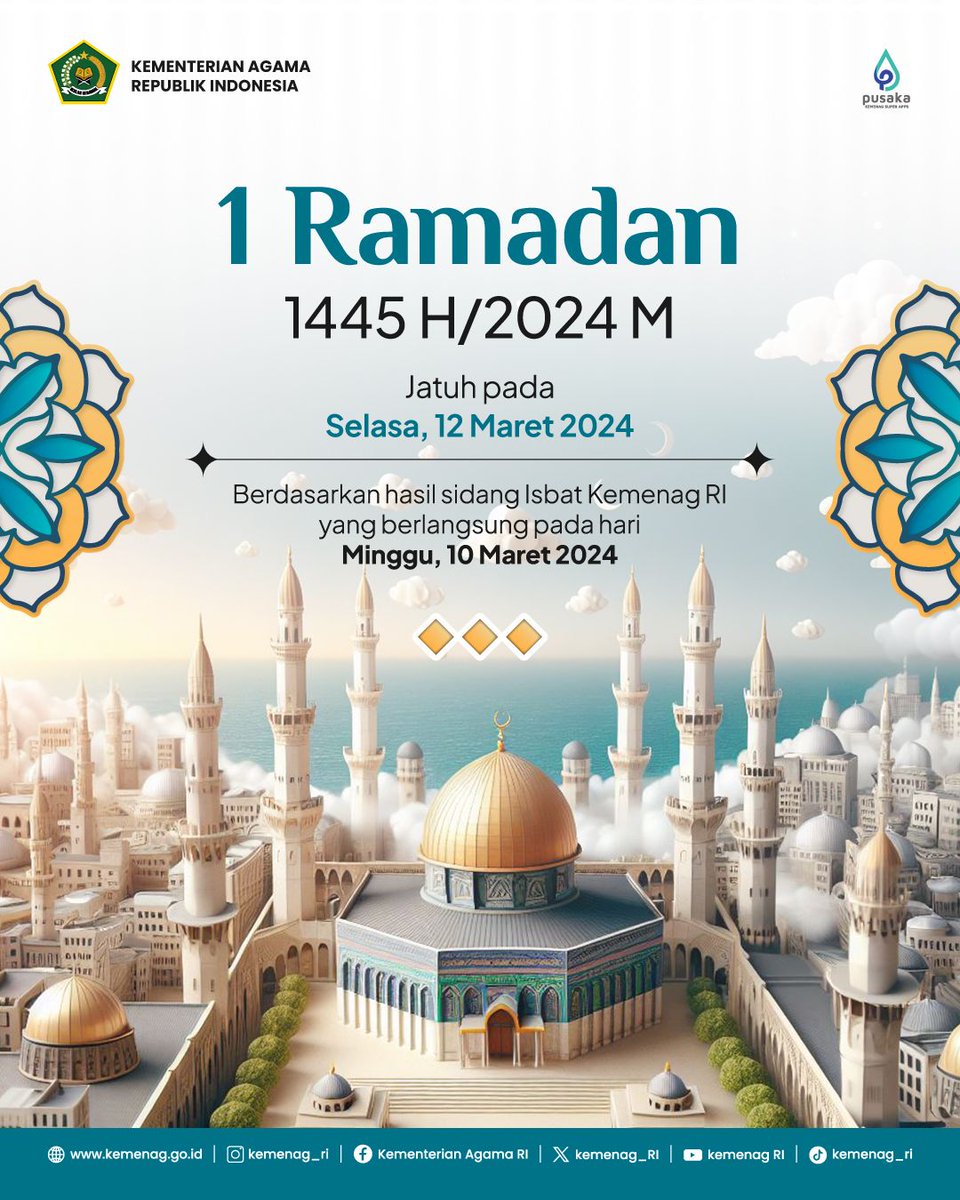 Kemenag_RI's tweet photo. Salam #SahabatReligi, 

Pemerintah menetapkan 1 Ramadan 1445 H/2024 M jatuh pada hari Selasa, 12 Maret 2024. Penetapan ini didasarkan pada keputusan sidang isbat (penetapan) 1 Ramadan 1445 H yang dipimpin Menag Yaqut Cholil Qoumas, Minggu (10/3/2024).

https://t.co/LUvihCHEkE https://t.co/bOxlSxTu2g