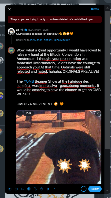 <a href="/ZK_shark/">zk-🦈</a> <a href="/OrdinalMaxiBiz/">Ordinal Maxi Biz (OMB)</a> I would have loved to raise my hand at the Bitcoin Convention in Amsterdam. I thought your presentation was fantastic! Unfortunately, I didn't have the courage to approach you! At that time, Ordinals were still rejected and hated, hahaha. ORDINALS ARE