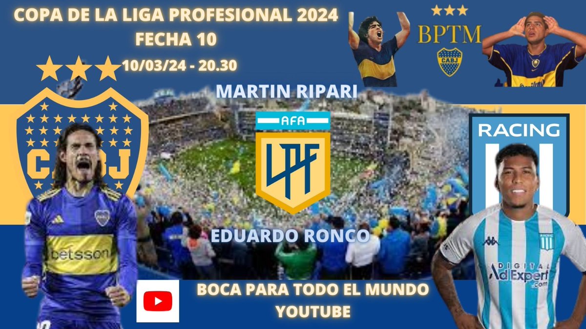 Hoy desde las 20:30 vivi <a href="/BocaJrsOficial/">Boca Juniors</a> - <a href="/RacingClub/">Racing Club</a> en Boca Para Todo el Mundo. Te esperamos en el canal de Youtube, que eligió el hincha Xeneize. Relata <a href="/martinripari/">Martin Ripari</a> y comenta un servidor.