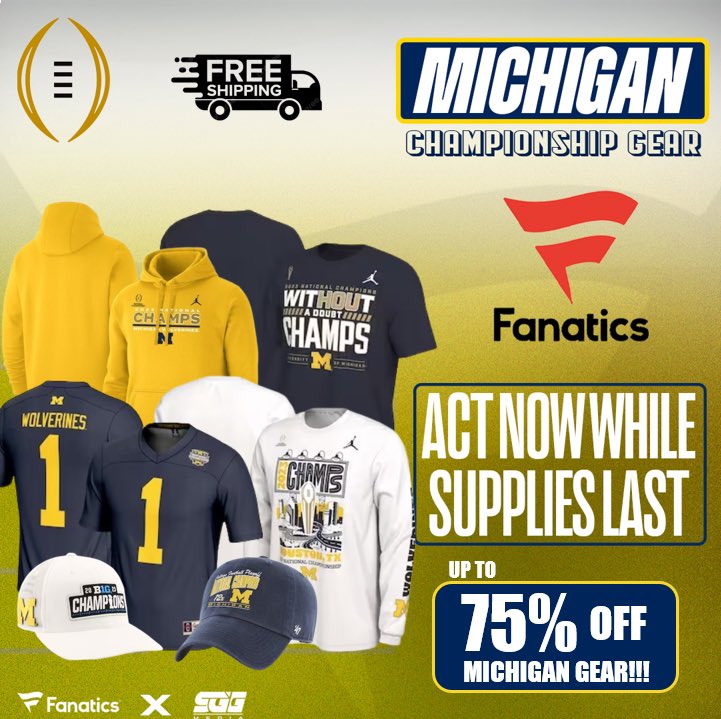 MICHIGAN WOLVERINES NATIONAL CHAMPIONSHIP SALE🏆🏆🏆 MICHIGAN FANS‼️ It’s never too late! Grab your Michigan gear today and get up to 75% OFF MICHIGAN gear with FREE SHIPPING using THIS PROMO LINK: fanatics.93n6tx.net/GOBLUE 📈 HURRY! DEAL ENDS SOON🤝#GoBlue
