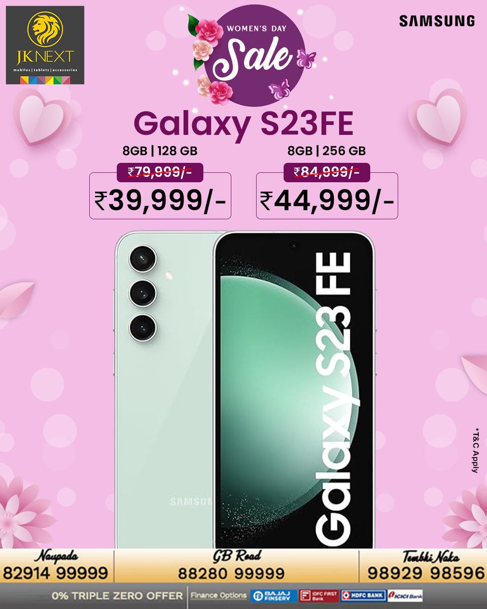Explore exclusive #WomensDay deals on top Samsung products! Call 88280 99999 now for #TechDeals in Thane. #Mobiles #Smartphones #BestDeals #Thane #HiranandaniEstate #Naupada #TembhiNaka #GalaxyS23FE
