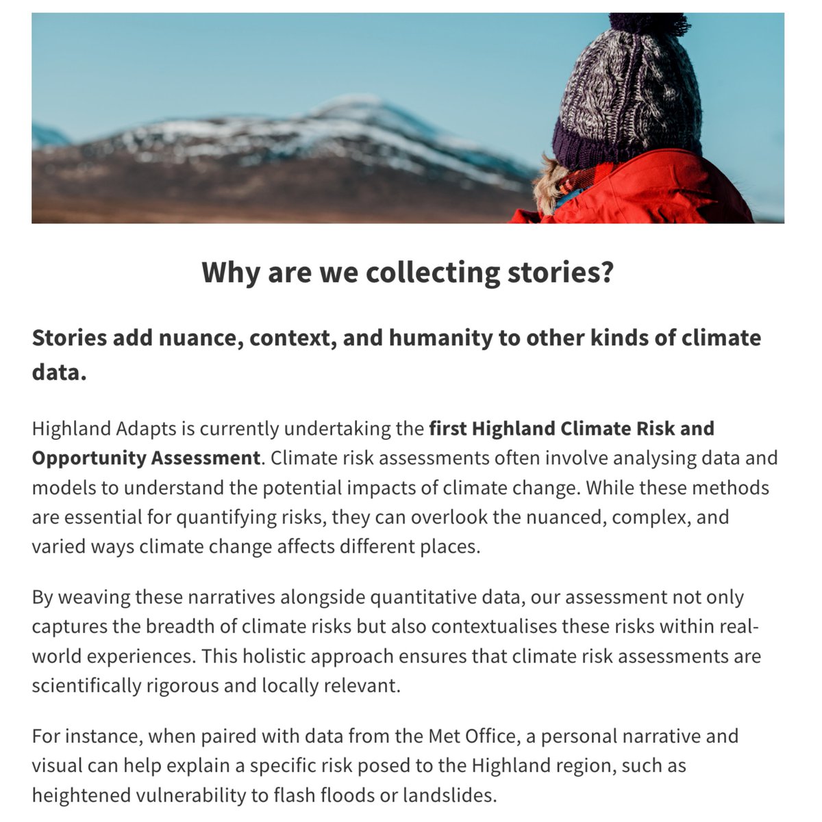 🎉 The Highland Weather & Climate Story Map has a new look And new pages: 📖 What is a weather or climate story? ☔ Why are we collecting stories? 🌷 What is Highland Adapts? Please add a new story and share the map with a friend! Link: highlandadapts.commonplace.is