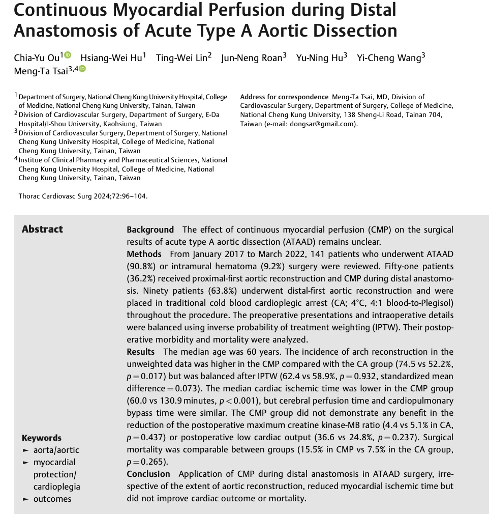 TCSurgeon's tweet photo. 🔥Hot of the press 🔥

👉The impact of continuous myocardial perfusion reduces myocardial ischemic time but doesn't enhance cardiac outcomes or mortality rates.

🔗https://t.co/q827XMTwVG https://t.co/VbeLe61xt1
