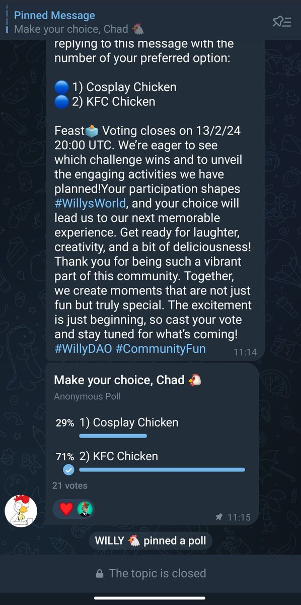 @willythecock So happy about 🚀 #WillysWorld Challenge Alert! 🐔🎉 Hey #WillyDAO, it’s time to choose our next adventure! Will it be a quirky Cosplay Chicken parade or a tasty KFC Chicken Feast? 🤔
@defi_daddy1  @Defi_Number1 @Jojaysu2 let's decide and don't miss out 🚀😜😁