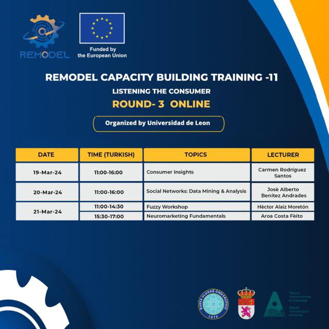 REMODEL Listening to the Consumer (Round 3) Online Capacity Building Training🌟Mark your calendars to March 19th-20th &amp;21st, 2024
Content of workshop:
👉 Consumer Insights
👉 Social Networks Data Mining &amp; Analysis
👉 Fuzzy Logic Workshop
👉 Neuromarketing Fundamentals