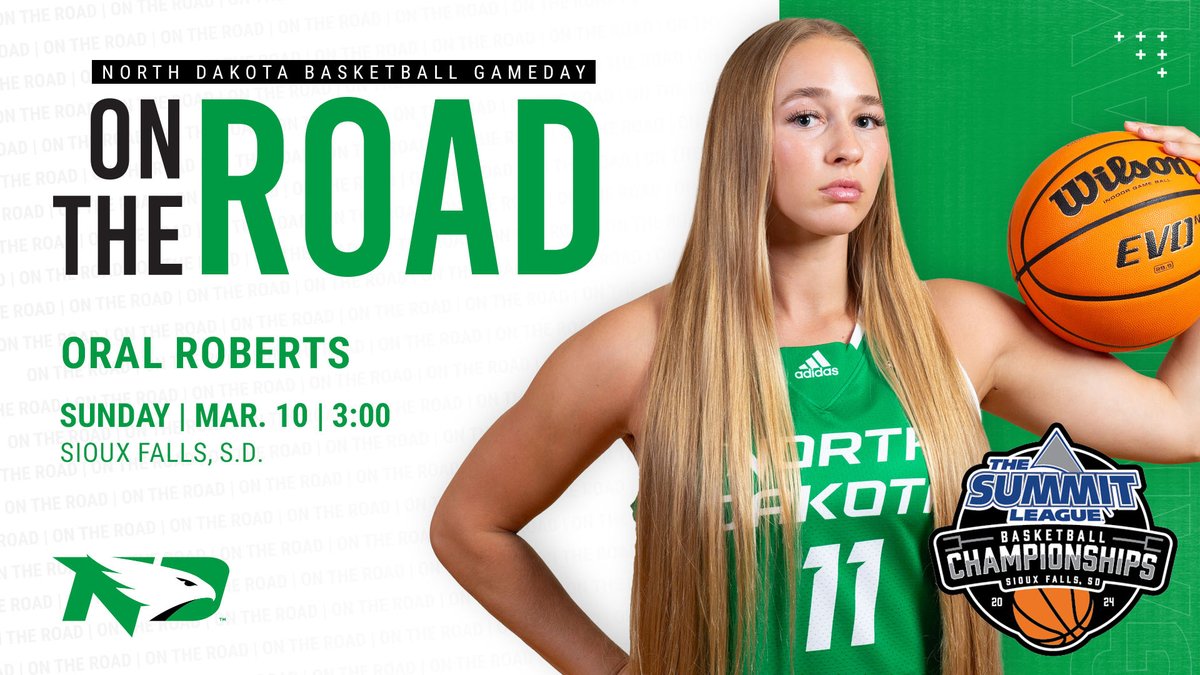 𝐓𝐡𝐢𝐬 𝐢𝐬 𝐎𝐔𝐑 𝐭𝐢𝐦𝐞! 😤 🆚#3 Oral Roberts 🏟Denny Sanford Premier Center ⏰3:00 PM 📺@midcosports 💻Summit League Network 📊bit.ly/4ckmXYe 📻bit.ly/3UPySUo #UNDproud | #LGH