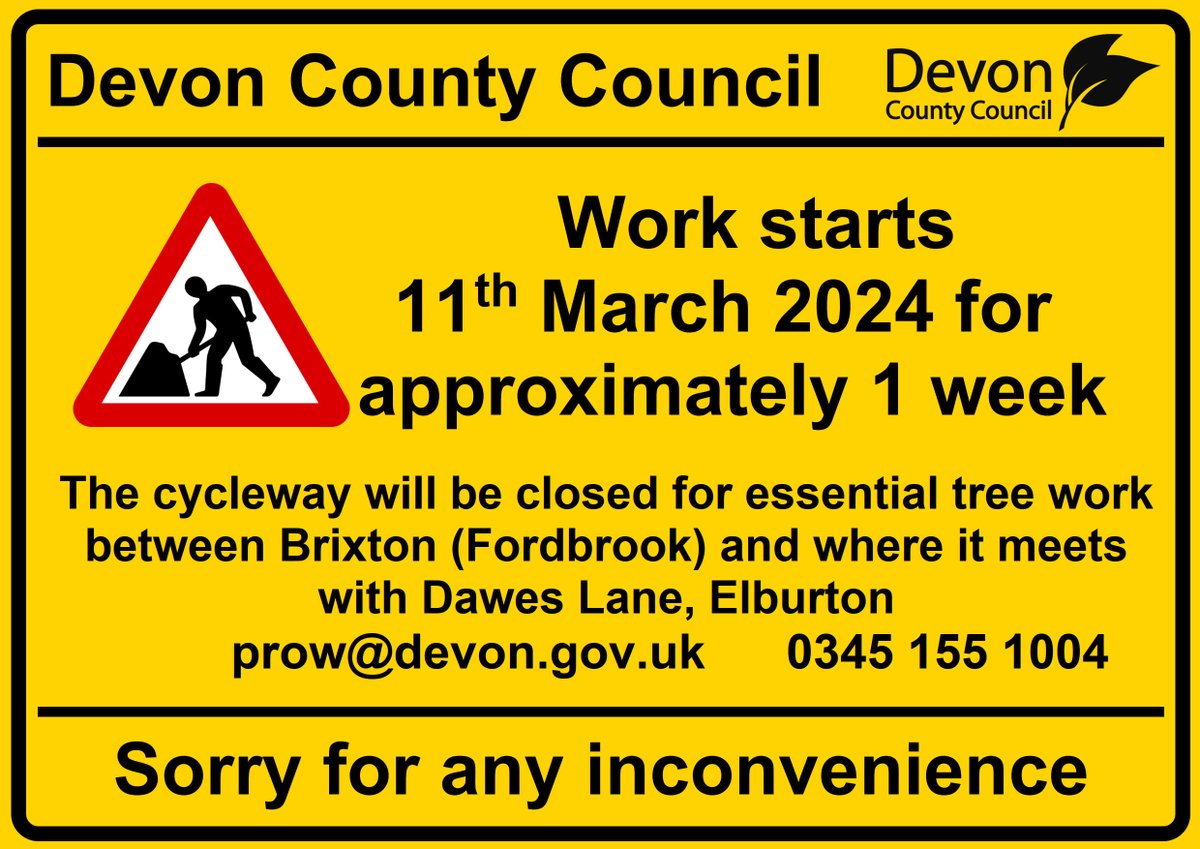 *TEMP CLOSURE CYCLEWAY* The cycleway between Brixton (Fordbrook) and where it meets with Dawes Lane, Elburton will be closed for essential tree work which start 11 March 2024 for approx. 1 wk. For an alternative route, please visit: devoncc.sharepoint.com/:b:/s/PublicDo…