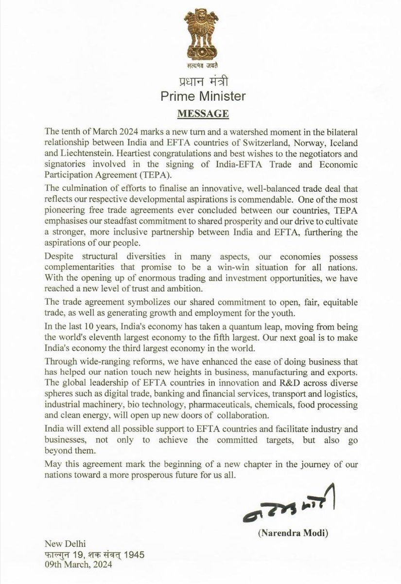 Delighted by the signing of the India-EFTA Trade & Economic Partnership Agreement. This landmark pact underlines our commitment to boosting economic progress and create opportunities for our youth. The times ahead will bring more prosperity and mutual growth as we strengthen our