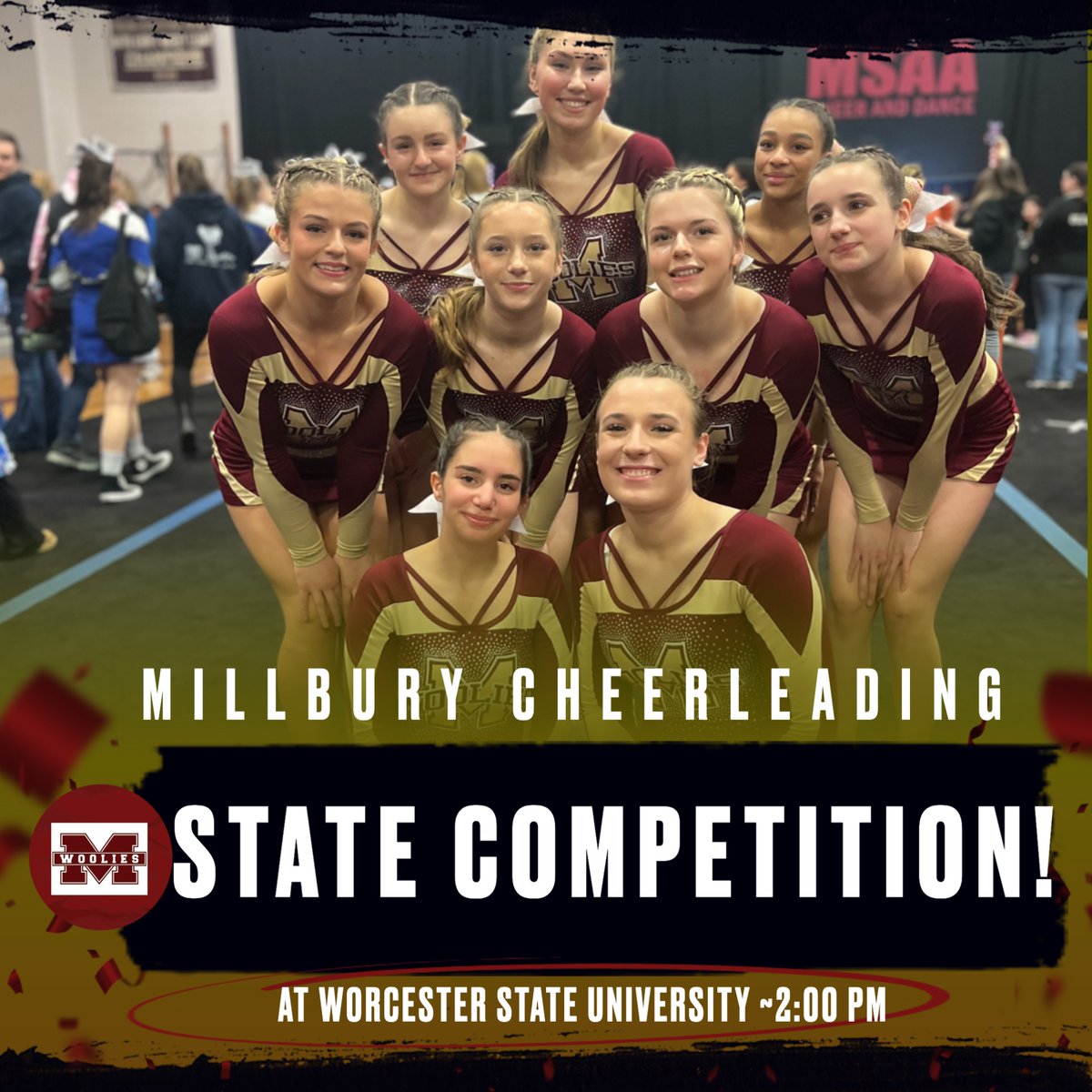 Millbury Athletics (@woolie_pride) on Twitter photo Best of luck to our Cheer squad as they head to Worcester State today for States!
⏰They will compete around 2:00 PM
🎟️Tickets must be bought online here:
gofan.co/app/school/MSAA
<a href="/MillburyBooster/">Millbury Booster Club</a> @clowe_millbury <a href="/abbeyrigney/">Abbey Rigney</a> <a href="/wooliesATC/">Jordan Sliwoski</a> Best of luck to our Cheer squad as they head to Worcester State today for States!
⏰They will compete around 2:00 PM
🎟️Tickets must be bought online here:
gofan.co/app/school/MSAA
<a href="/MillburyBooster/">Millbury Booster Club</a> @clowe_millbury <a href="/abbeyrigney/">Abbey Rigney</a> <a href="/wooliesATC/">Jordan Sliwoski</a>