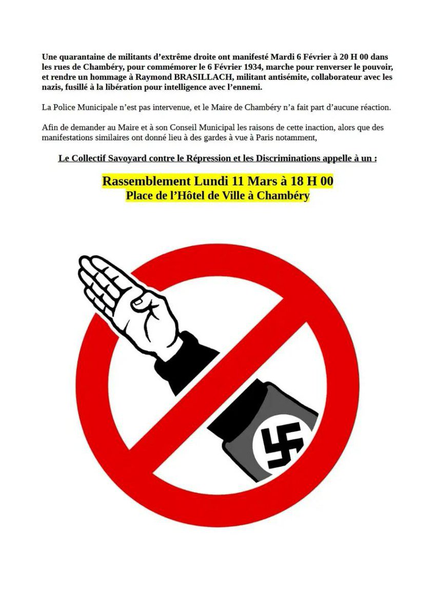 🔴 Rassemblement lundi 11 mars place de l'hôtel de Ville à Chambéry.
'Pas de quartier pour les fachos, pas de fachos dans nos quartiers' ! #StopFascism