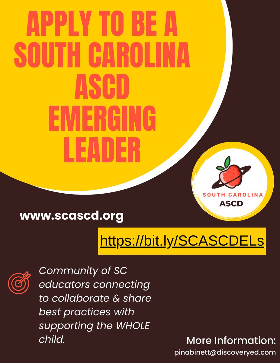 Apply now for South Carolina ASCD's 2024-2025 Emerging Leaders Program! Are you an educator with 5+ years of experience looking to make a difference? Applications open until May 10, 2024. Apply now: bit.ly/SCASCDELs #loveSCschools
