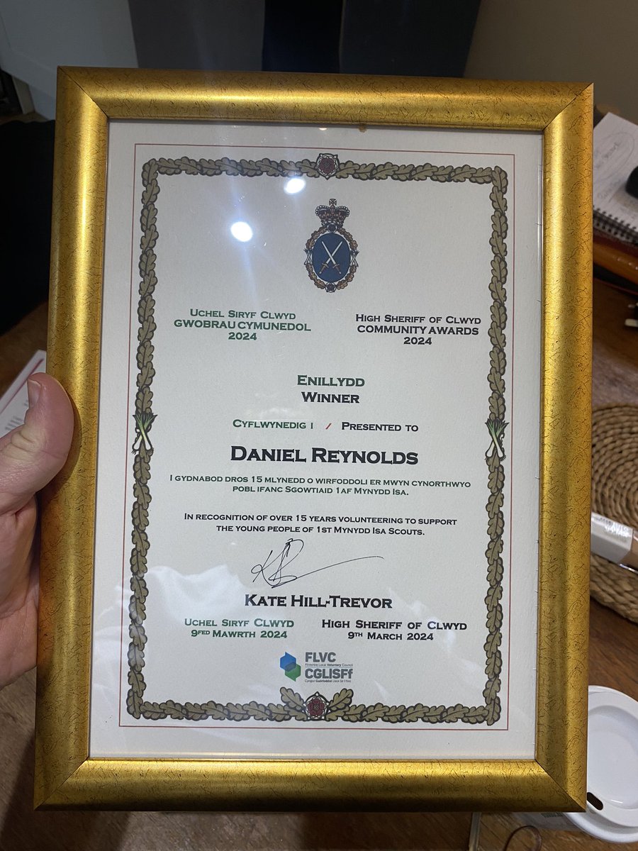 MynyddIsaScouts's tweet photo. Very proud of our very own Group Scout Leader @DannoReynolds who yesterday attended the High Sheriff of Clwyd awards where he was recognised for his volunteering and commitment to Scouting. 

Absolutely well deserved award. 

@hsclwyd @FlintshireScout @ScoutsCymru https://t.co/f8HauDkqBS