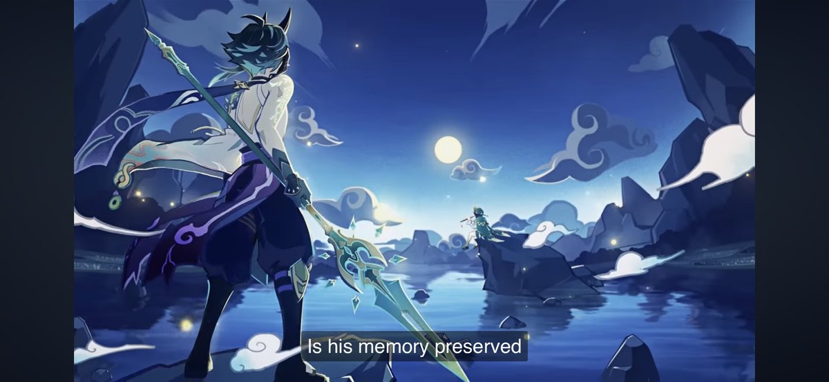 #VenXiao
A lot of people tend to think that this scene in Xiao's quest is the same moment when Venti saved his life. It is not. Xiao was saved in Dihua marsh &amp; he didn't get to see his saviour. This is in Guyun. They prolly see each other with some frequency