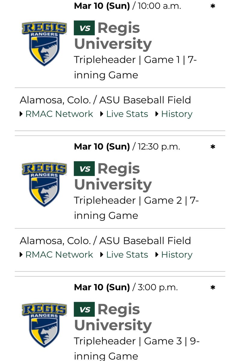 🚨we have our first full tripleheader today! That’s right <a href="/RegisUBaseball/">Regis University Baseball</a> and <a href="/AState_baseball/">Adams State Baseball</a> will be playing not 1, not 2, but 3! games today! 

If you enjoy watching these teams, you’re in luck because you’ll get plenty of action today! 23 innings of baseball!

#D2Baseball