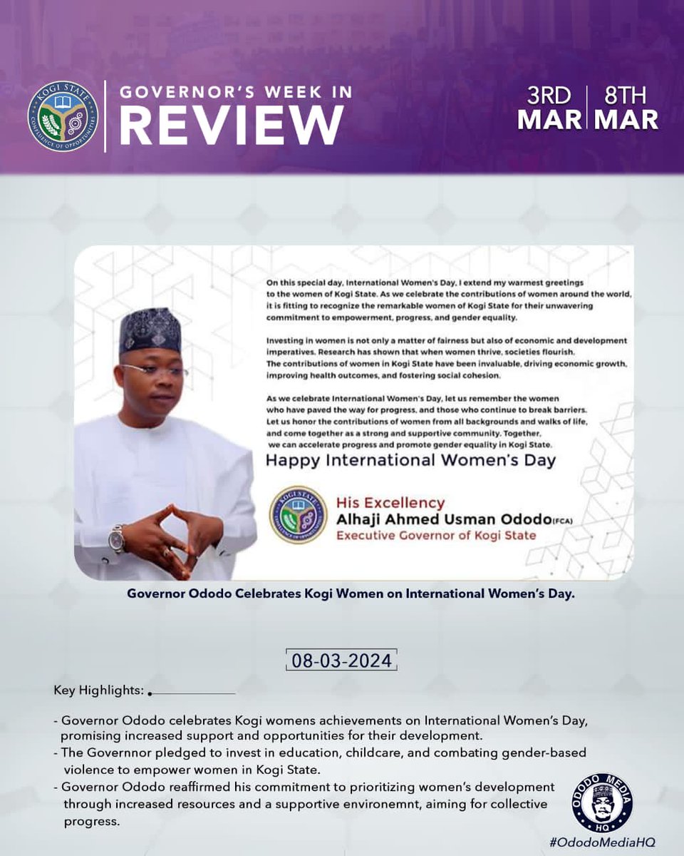 It was an engaging week for governor Ahmed Usman Ododo of Kogi State. Here is a review of the week full of productive activities.

#OdodoMediaHQ
#OdodoIsWorking