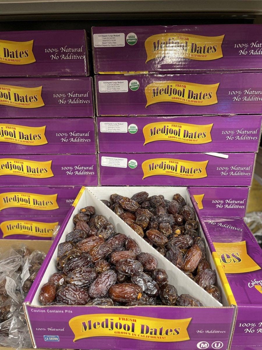 Organic Medjool dates - as with most of our stock, members can buy a full box if they want. 11 lbs at $5.98/lb so, $65.78 for the whole case. We also stock Deglet Noor, pitted, at $3.74/lb. Both are from California. Page out! 🌸 Ramadan Mubarak!