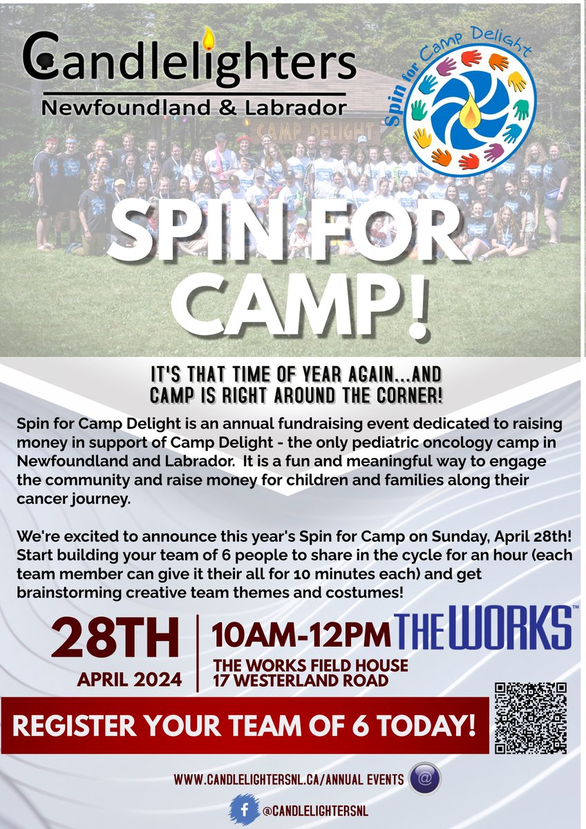 Don't forget to register your team for this year's Spin for Camp Delight!
Camp Delight is the only pediatric oncology camp in Newfoundland and Labrador!  Your team can help raise the necessary funds to send one child to camp when you register at:
canadahelps.org/en/charities/t…
