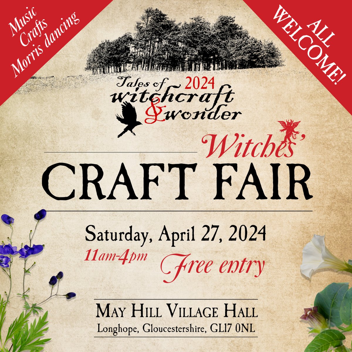 Coming to May Hill VH on Sat, April 27, our Witches' Craft Fair, as part of the 'Tales of Witchcraft & Wonder' pre-Beltaine weekend on magical May Hill in Gloucestershire. It's free entry, with some talented makers & performers, so please help spread the word! Thank you. 🌳🌳🌳x
