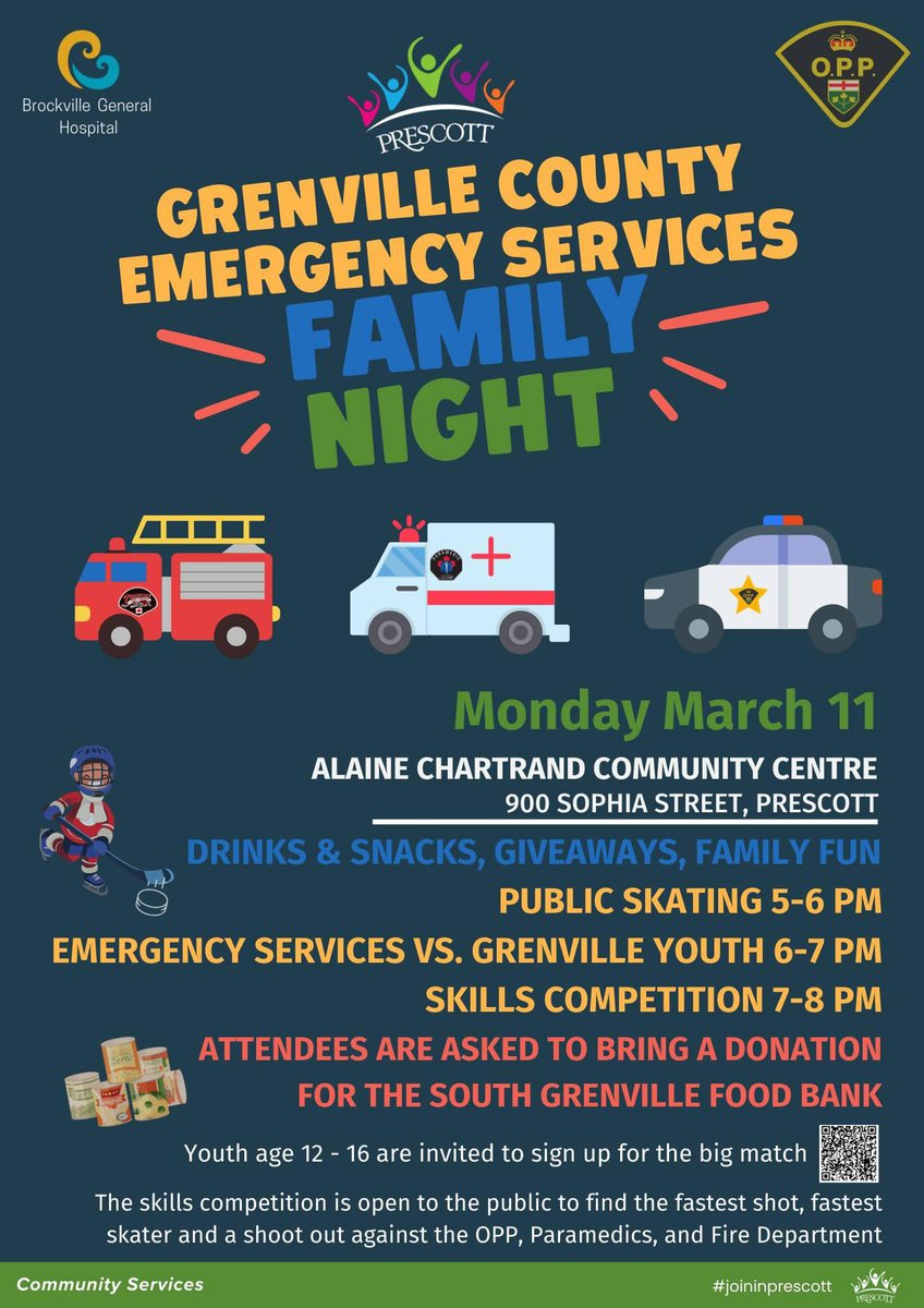 OPP_ER's tweet image. Come &amp;amp; join #GrenvilleOPP &amp;amp; our emergency services partner tomorrow in Prescott! Free event for families and great way to start off the March Break. Hosted by @TownofPrescott &amp;amp; our MCRT, enjoy a family skate and watch the game &amp;amp; skills competition involving local youth! ^dh