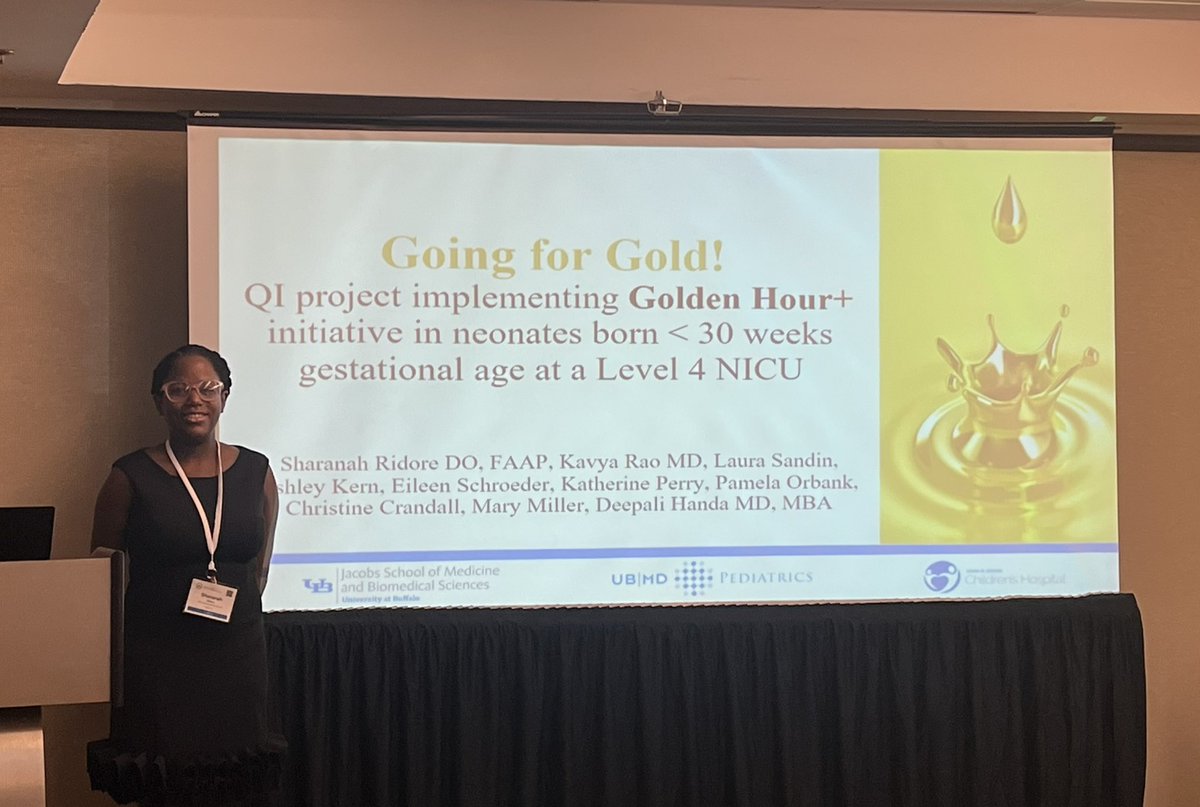 Our UB Neo fellow Dr. Ridore presenting her work on ‘Going for Gold! QI project implementing Golden Hour+ initiative in babies born under 30 weeks at a Level 4 NICU’ @EasternSPR @chandrpk @MarykasuMD @Hamza_AbbasiMD @DeepaliHandaNeo @Kayrao14 @clablancomd @MausmaBawa @ub_neo