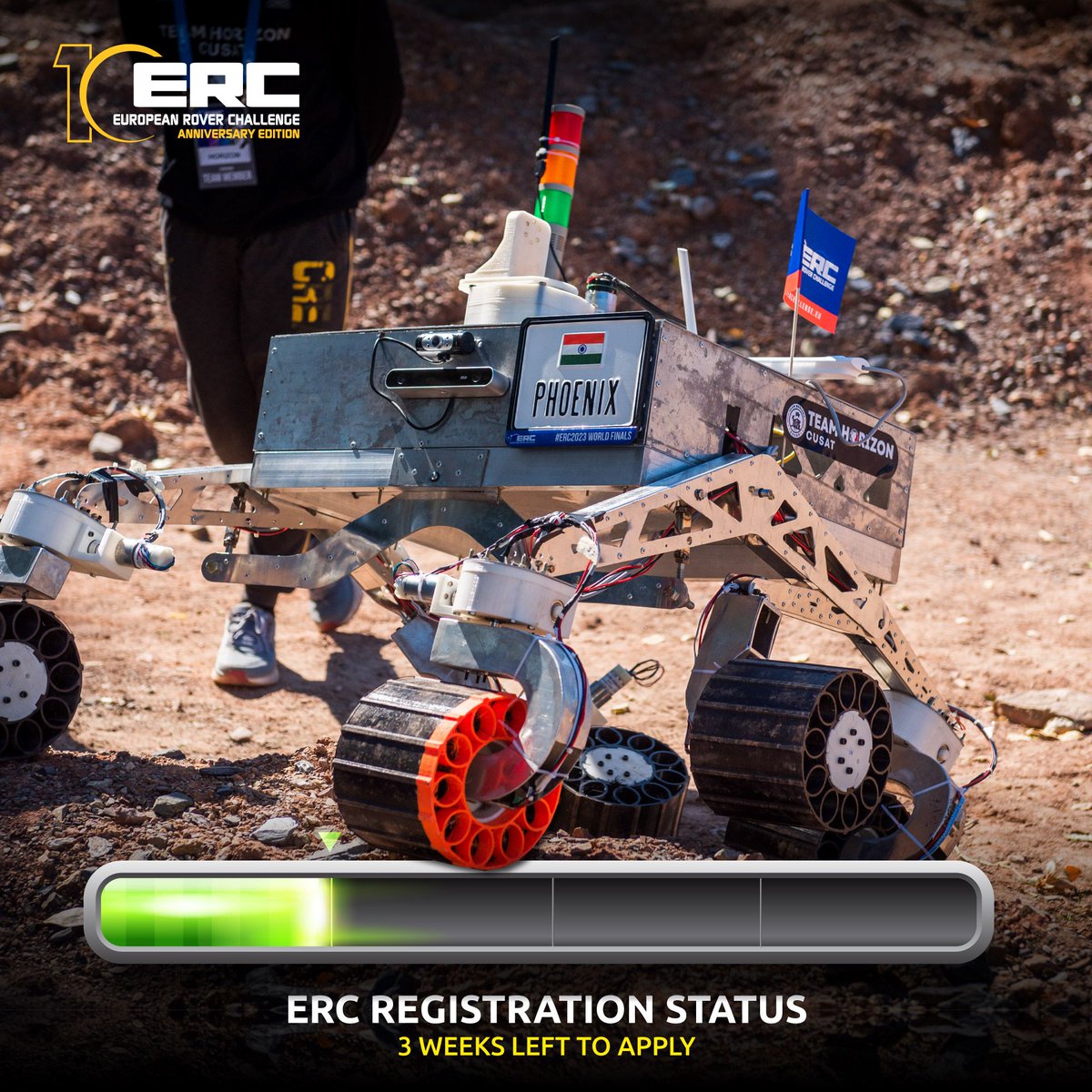 3 WEEKS LEFT to register for #ERC2024 📆 Don't hold your horses (or in this case: rovers) and apply now! More information on our website: roverchallenge.eu/competitor-zon… In the picture: Team Horizon's Phoenix rover of Cochin University of Science & Technology #CUSAT