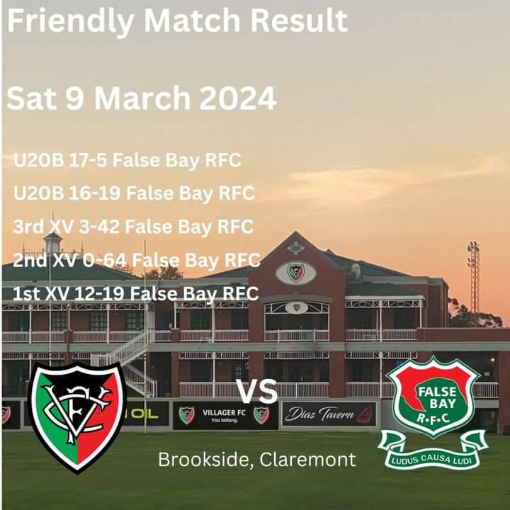 ICYMI Results from the friendly encounter vs False Bay Rugby-Club yesterday at Brookside. Well done to the Bay and wishing them all the best for the season. Next up is the Derby vs Hamilton SP RFC on the 23rd of March at Brookside. Hoping to see you all #youbelong #onevillage