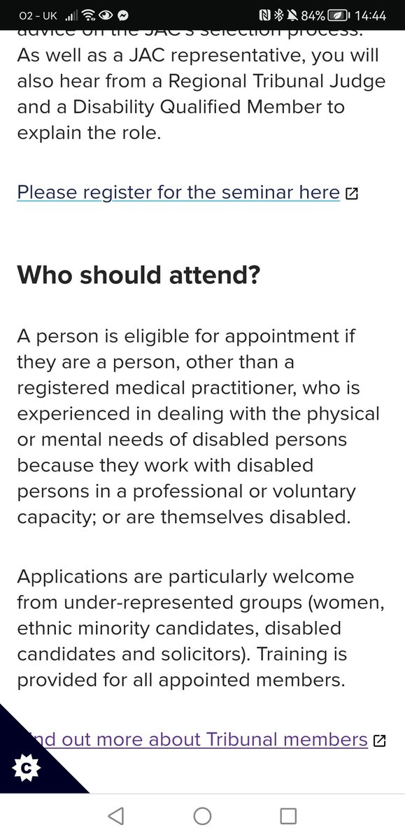 Just_a_Mo's tweet photo. I was just checking the eligibility criteria for the disability qualified member of a first tier tribunal. The answer is below. It also appears that the DWP consider solicitors to be an underrepresented group 🤯🤔 #EDI #DWP #PIP https://t.co/tVbDxBdheR