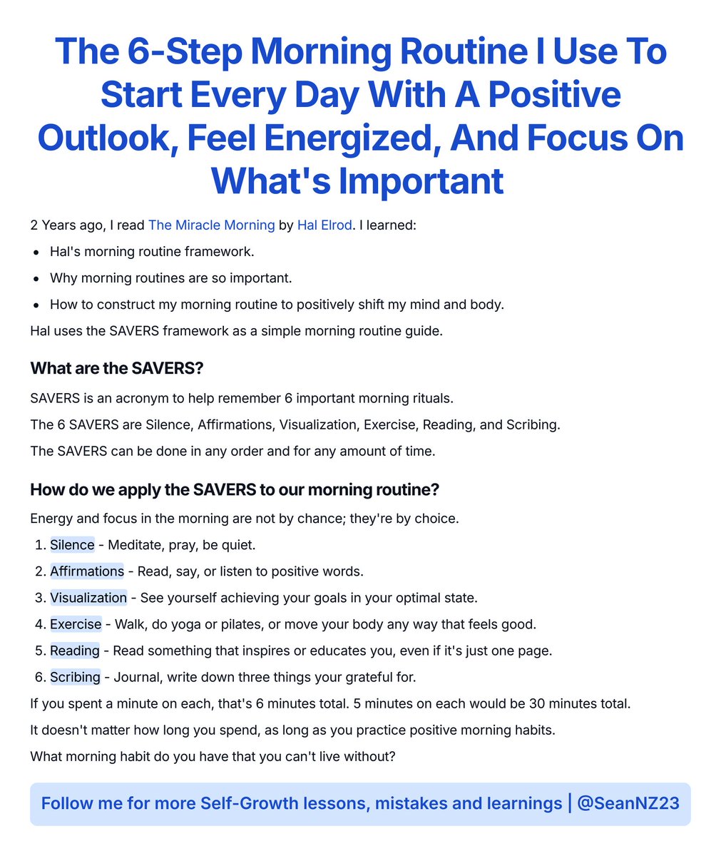 seanNZ23's tweet photo. Mastering your morning is the first step to conquering your day.

That’s why a morning routine that works can be a game-changer for well-being and happiness.

Here’s the framework I’ve used for the last 2 years to wake up every day and hit the ground running. https://t.co/rQyUMlhTdd