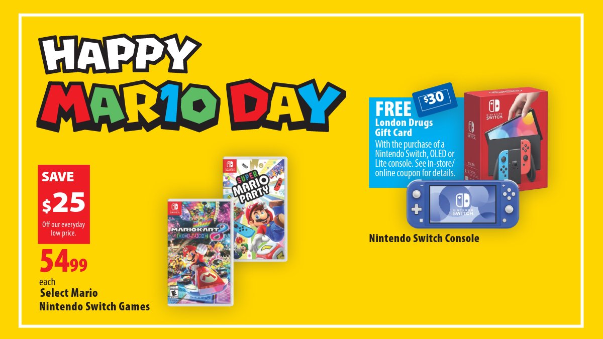 🎮🍄 Happy #MAR10Day, Gamers! 🍄🎮 Join us at London Drugs for Mario Day and enjoy special promotions on classic Mario games in-store and online. Buy a Nintendo Switch and get a $30 London Drugs gift card. Click here to celebrate with us: bit.ly/MarioDay2024 #MarioDay