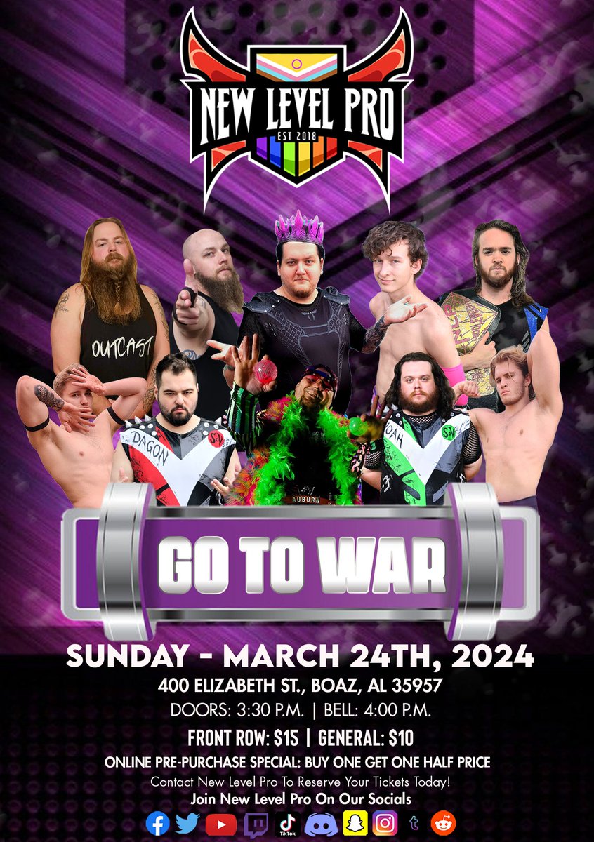 Join all your NLP favorites as we return to Boaz on Sunday, 3/24!

🚪 - 3:30 p.m.
🔔 - 4:00 p.m.

🚨 Spring Special Pricing 🚨 
Front row is $15, and general admission is $10. The preorder special for this show is buy one, get one half-off.

Don’t miss NLP’s return to Boaz!