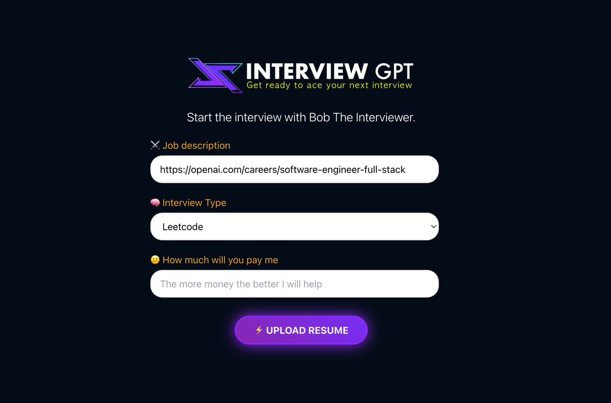 ZaurbekStark's tweet image. Made some improvements to the UI of InterviewGPT

- Added extra fields (job description, interview type, payment)
- New colors on the logo, make it pop more
- Add gradient on the button

What do you think?

#CodebenderBuilds