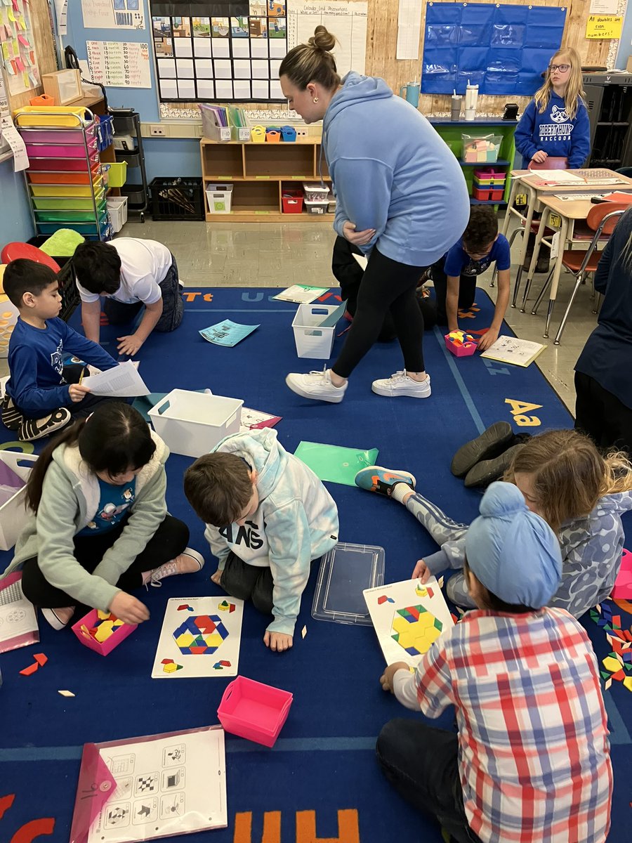Students learned about the attributes of shapes and practiced their skills using pattern blocks and geoboards. <a href="/RobertHunterES/">Robert Hunter</a> <a href="/FlemRarSchools/">FlemRarSchools</a>