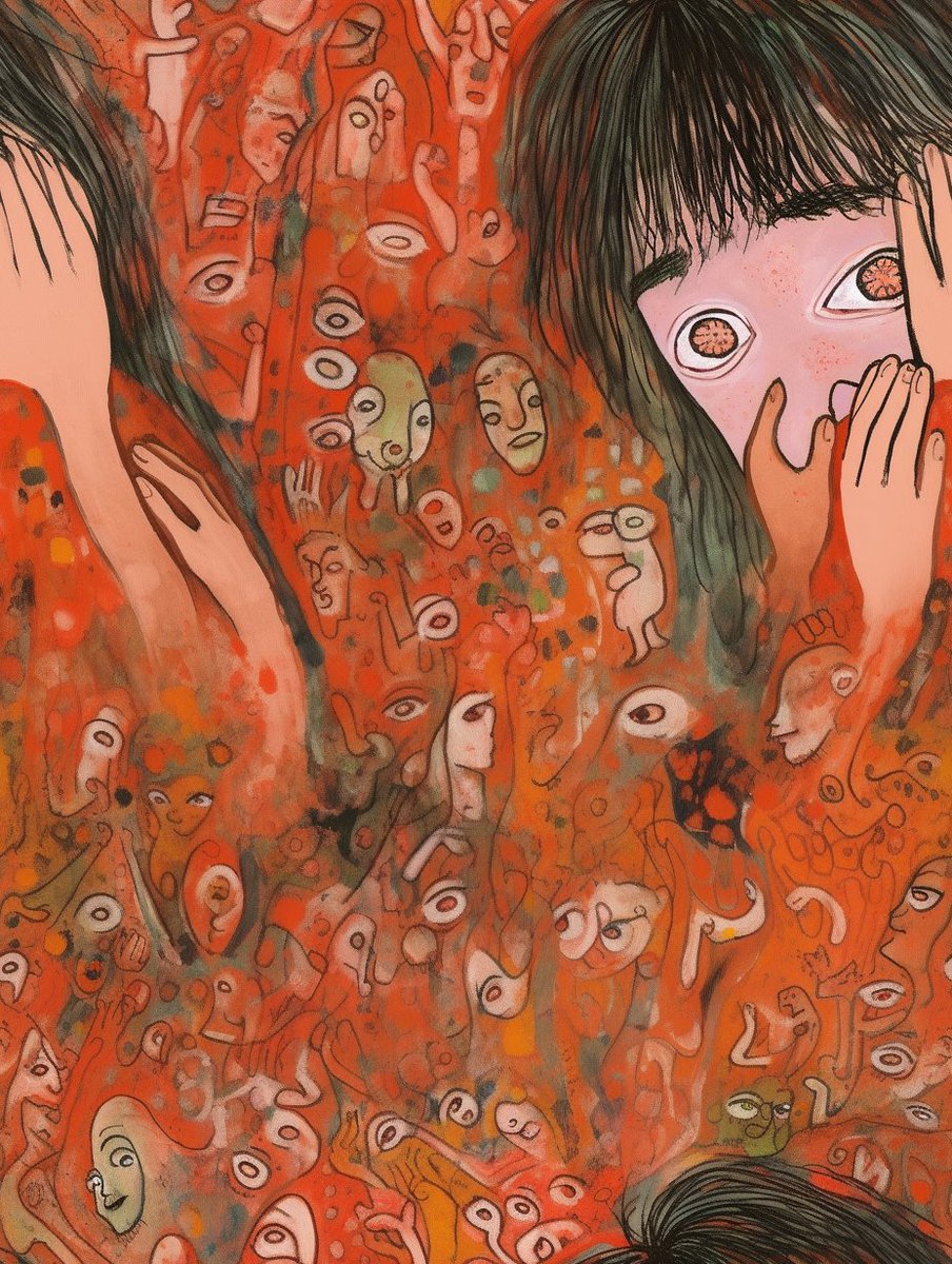 AI_Illust_000's tweet photo. ｢AI絵師は絵師の人生を盗んでいる｣
バチボコに荒れました。
イラスト、タイトル、キャプション、投稿タグ、プロンプトまでセットで一作品です。

プロンプトで描かれてる統合失調症の人物というのは私自身です。
特に誤解を与える原因となったタイトルは ｢作者である私が誰かから言われた言葉｣であって、それは被害妄想や幻聴かも知れませんし現実の言葉かもしれない。

それに対して100%絶対の否定ができずに葛藤し、自己を正当化する様子をキャプションで描いています。
AIイラストの特徴はどこから来たのか？をテーマに、アール・ブリュットを描いた、というよりAIに描いて貰ったものとなります。

そうしたメタ的な背景を共有する事で、AIイラストを見た時に
｢手で口元を抑えて(抑えられて)いるのは黙殺の暗喩だろうか？｣
｢複数の手があるのは抑圧する存在が多いためだろうか｣
｢背景の人のような模様は不特定多数に監視されている妄想から生まれたのだろうか？｣

など、そのイラストの背景を想像する余地が生まれるのではないかという意図で制作しました。

タイトルやキャプションなど、投稿した後でよりよい言い回しがあったのではないかと反省する部分は多くあります。
もしかしたら誰も傷つけない、より優れた表現というものがあったのかも知れません。
 https://t.co/7YWFRsBONk
#AI画像祭