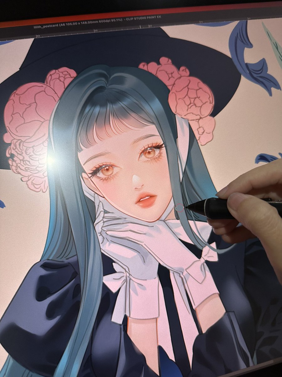 1girl gloves white gloves hat long hair flower blue hair  illustration images