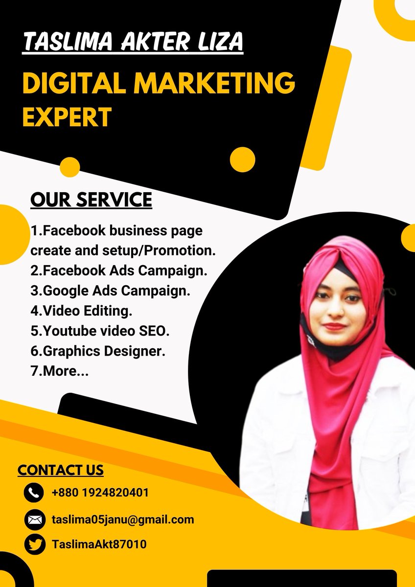 I'm Taslima Akter  Liza as a professional Digital marketer ,Graphics designer and SEO expert .I have successfully worked in the marketplace for 2 years. If you want to grow your business, contact me<< #Linkedin #taslimaakterliza451a262a7 #DigitalMarketing