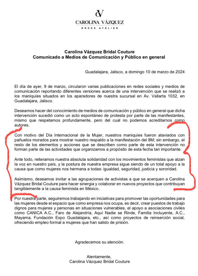 Aquí la postura de la empresaria, a propósito de lo ocurrido en una de sus sucursales en el marco del #DiaInternacionalDeLaMujer en #Jalisco. 👇
*