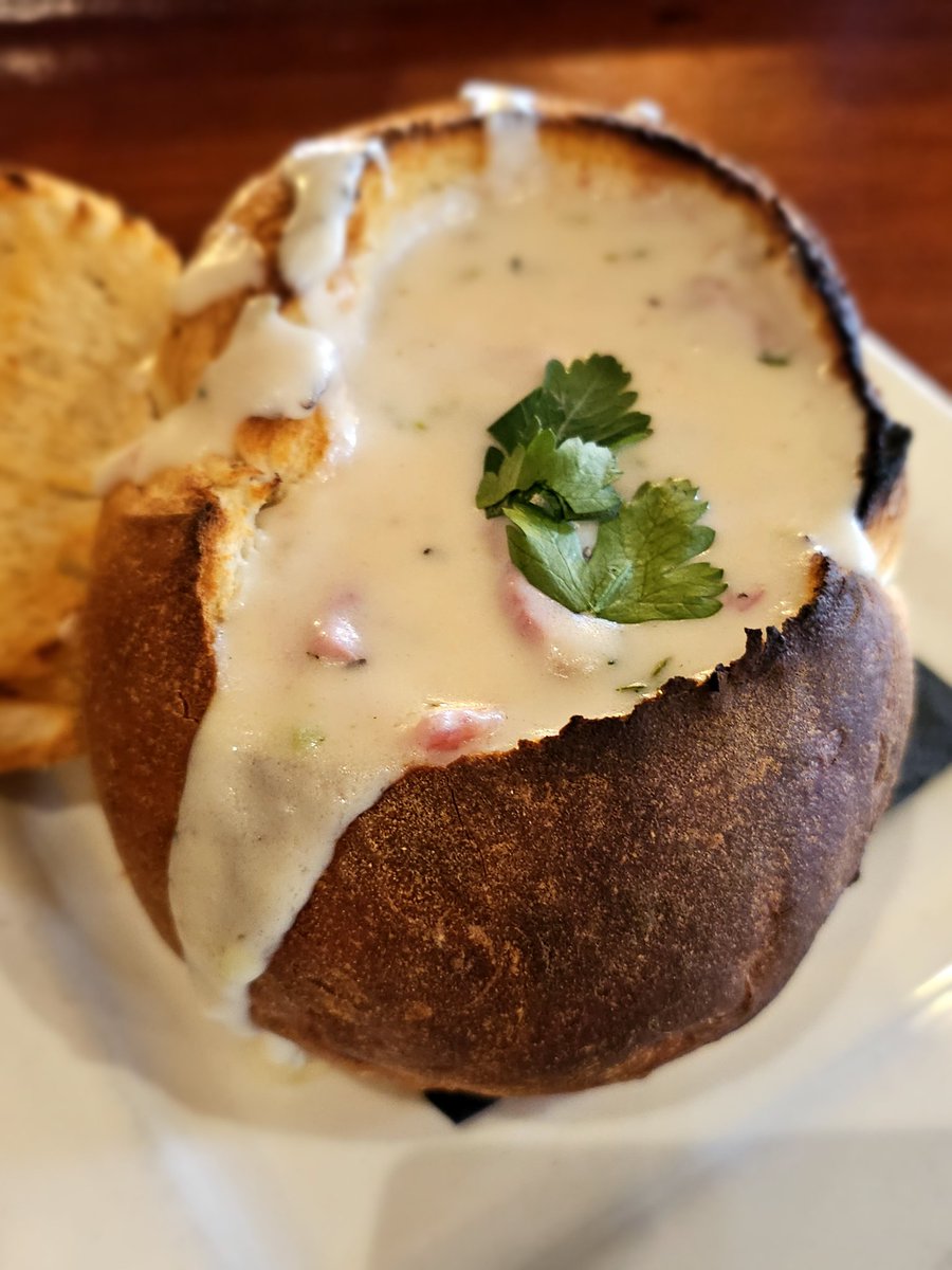 House-Made Creamed Chipped Beef served in a Bread Bowl.  Come warm up with one of these before or after the St. Patrick's Parade!! 😋 #brunch #CreamedChippedBeef #stpatricksdayparade