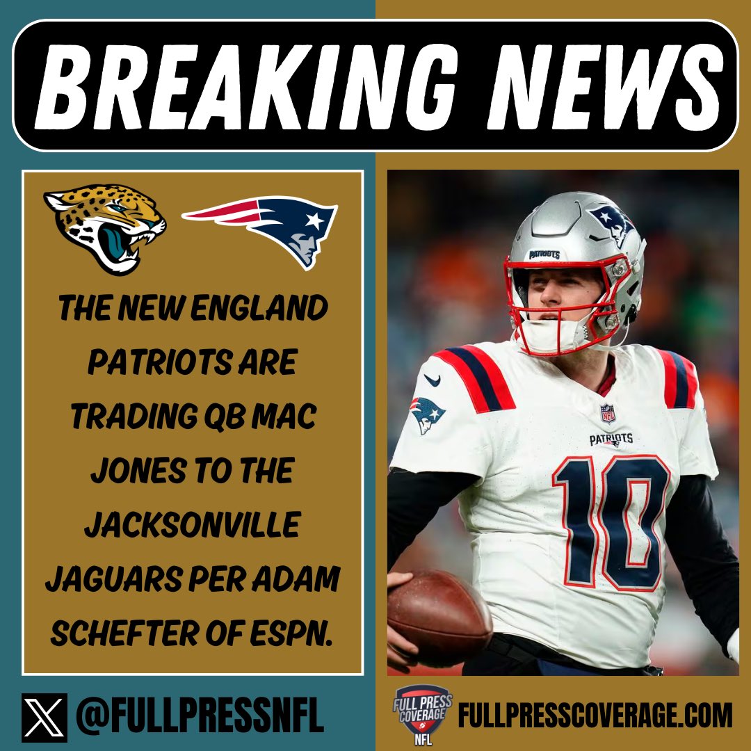 FullPressNFL's tweet photo. Mac Jones is heading to Jacksonville, where he was born and played high school football. He will now backup fellow 2021 first rounder Trevor Lawrence. #Jaguars #Patriots #FPC #NFL #NFLTwitter https://t.co/Z2PiZUdnO7