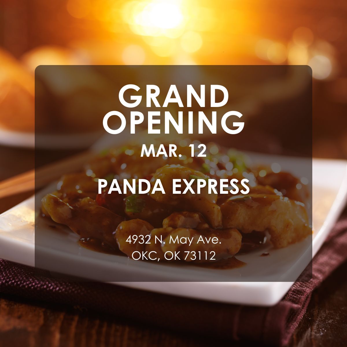 Don't miss out on the excitement at Panda Express Grand Opening on Tuesday, Mar 12! Be among the first 88 attendees at the ribbon-cutting ceremony to score a free Panda Express tee. Ribbon cutting: 9:45 a.m.