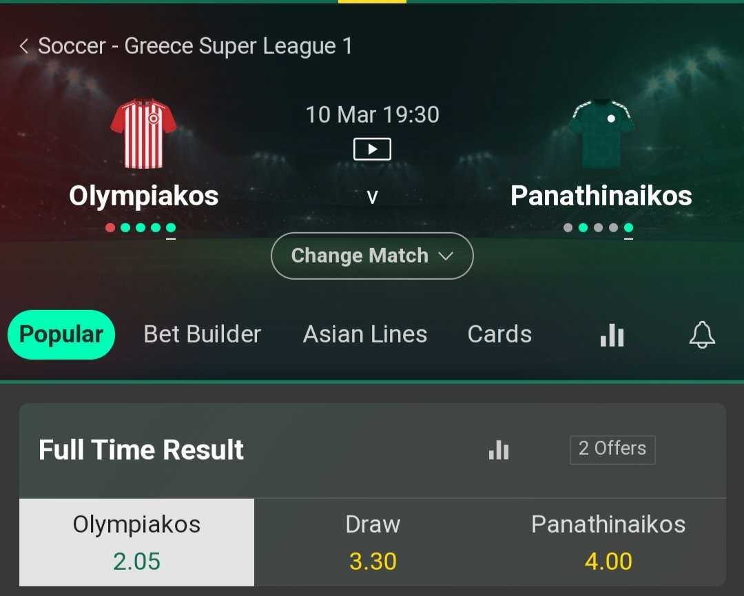 ⚽ 🇬🇷
#GreekSuperLeague
1 Unit
'2 goals up early payout option'
OLYMPIACOS (1x2) vs Panathinaikos
Odds: 2.05