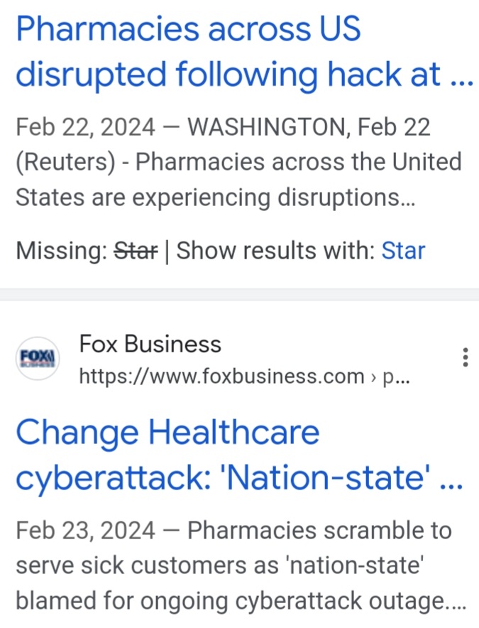Not on the news. Every Pharmacy in the United States was hacked creating Chaos for many people. Much solved by getting hardcopy scripts from your Dr for refills etc. Pharmacy assist in refilling script had been shut down apparently & much more. A Dr told me it was China he heard