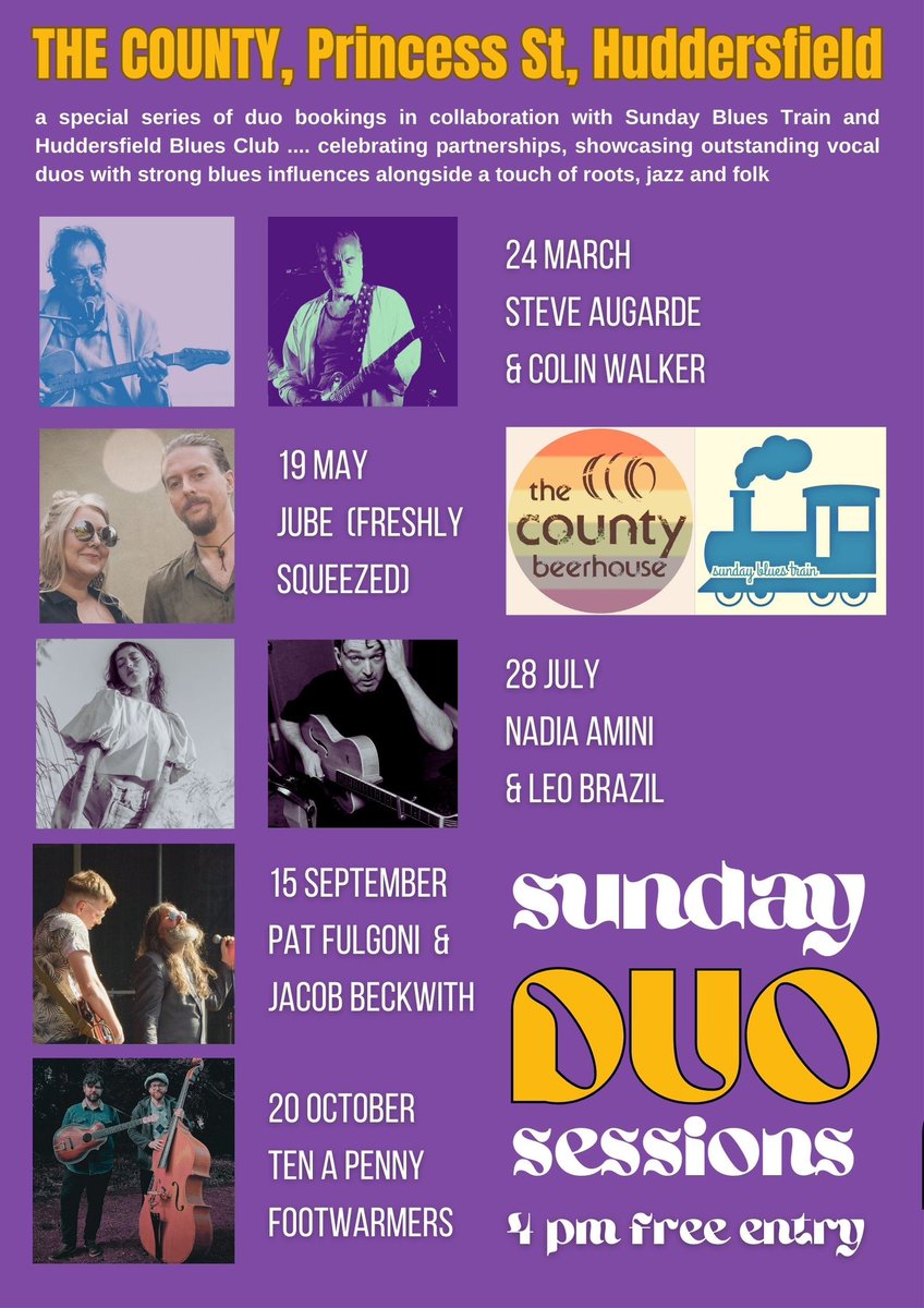 special series of Sunday Duo gigs over at <a href="/CountyBeerhouse/">The County Beerhouse</a> starts 24th March with Steve Augarde &amp; Colin Walker of Backwater Blues

then JUBE, Nadia Amini, @leobraziltwitch of @BirdsandBeasts1 <a href="/patfulgoni/">Pat Fulgoni 🎤🎶</a> / Jacob Beckwith of Pat Fulgoni Blues Experience, Ten a Penny Footwarmers