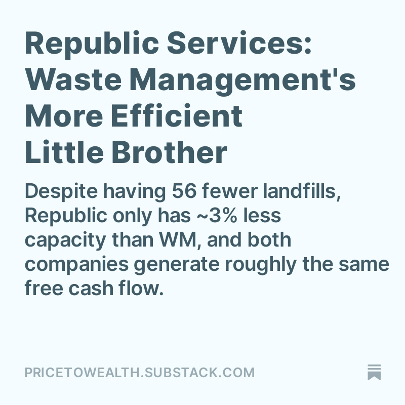 PricetoWealth's tweet photo. Newest out on $RSG.

1) Between 2009 and 2023, $RSG fcf/cubic yard grew almost 200%. $WM's grew 60%.

2) $RSG increased fcf/share by almost 300% compared to $WM's 90%.

3) In 2023, $RSG converted almost 14% of rev to fcf. By contrast, $WM converted about 9% of its rev to fcf. https://t.co/JECntJYcG5