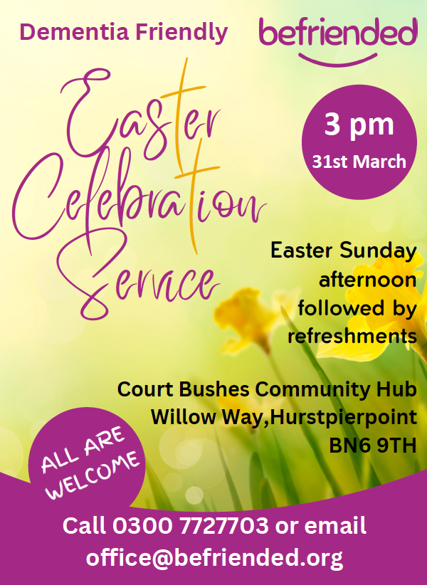 befriended_org's tweet photo. A Date for your diary.  Sunday 31st March
Come and join us on Easter Sunday afternoon for a simple celebration service.  Everyone is welcome. https://t.co/ftN6JcEsd2